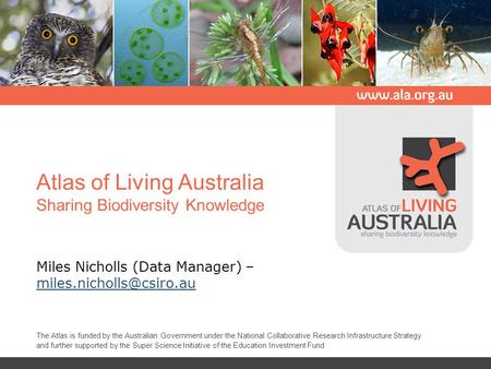 Atlas of Living Australia Sharing Biodiversity Knowledge Miles Nicholls (Data Manager) –  The Atlas is funded.