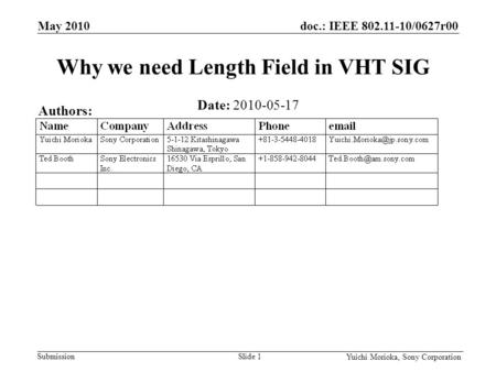 Doc.: IEEE 802.11-10/0627r00 Submission Yuichi Morioka, Sony Corporation Date: 2010-05-17 Why we need Length Field in VHT SIG May 2010 Slide 1 Authors: