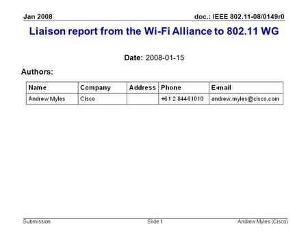 Doc.: IEEE 802.11-08/0149r0 Submission Jan 2008 Andrew Myles (Cisco)Slide 1 Liaison report from the Wi-Fi Alliance to 802.11 WG Date: 2008-01-15 Authors: