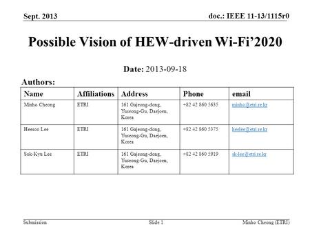 Doc.: IEEE 11-13/1115r0 Submission Sept. 2013 Minho Cheong (ETRI)Slide 1 Possible Vision of HEW-driven Wi-Fi’2020 Date: 2013-09-18 Authors: NameAffiliationsAddressPhoneemail.