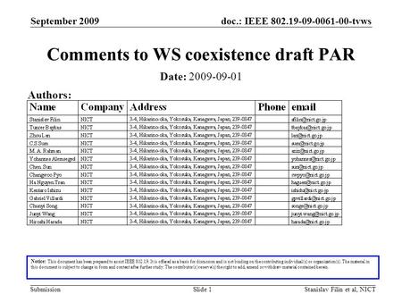 Doc.: IEEE 802.19-09-0061-00-tvws Submission September 2009 Stanislav Filin et al, NICTSlide 1 Comments to WS coexistence draft PAR Notice: This document.