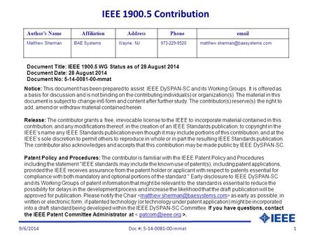 9/6/20141 Document Title: IEEE 1900.5 WG Status as of 28 August 2014 Document Date: 28 August 2014 Document No: 5-14-0081-00-mmat Author’s NameAffiliationAddressPhoneemail.