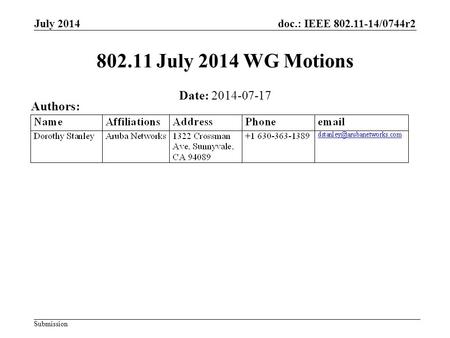 Doc.: IEEE 802.11-14/0744r2 Submission July 2014 802.11 July 2014 WG Motions Date: 2014-07-17 Authors: