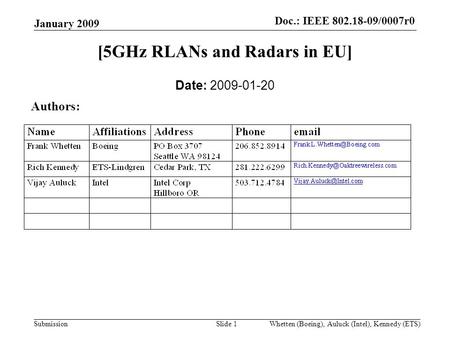 Doc.:IEEE 802.18-09/0007r0 Submission Doc.: IEEE 802.18-09/0007r0 January 2009 Whetten (Boeing), Auluck (Intel), Kennedy (ETS)Slide 1 [5GHz RLANs and Radars.