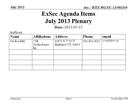 Submission doc.: IEEE 802-EC-13/0033r0 July 2013 Jon Rosdahl, CSRSlide 1 ExSec Agenda Items July 2013 Plenary Date: 2013-07-15 Authors: