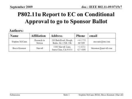 Doc.: IEEE 802.11-09/0715r7 Submission September 2009 Stephen McCann (RIM), Bruce Kraemer (Marvell) P802.11u Report to EC on Conditional Approval to go.