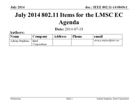 Doc.: IEEE 802.11-14/0849r1 Submission July 2014 Adrian Stephens, Intel CorporationSlide 1 July 2014 802.11 Items for the LMSC EC Agenda Date: 2014-07-18.