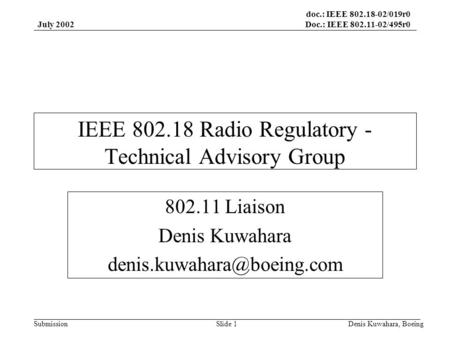 Doc.: IEEE 802.18-02/019r0 Doc.: IEEE 802.11-02/495r0 Submission July 2002 Denis Kuwahara, BoeingSlide 1 IEEE 802.18 Radio Regulatory - Technical Advisory.