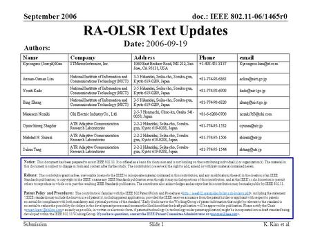 Doc.: IEEE 802.11-06/1465r0 Submission September 2006 K. Kim et al.Slide 1 RA-OLSR Text Updates Notice: This document has been prepared to assist IEEE.