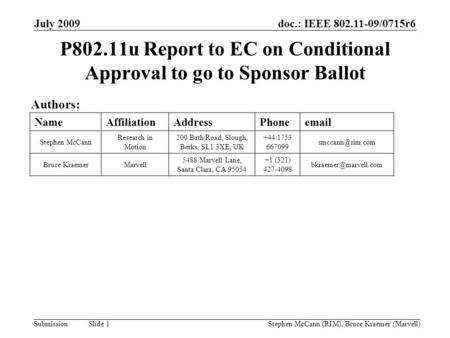 Doc.: IEEE 802.11-09/0715r6 Submission July 2009 Stephen McCann (RIM), Bruce Kraemer (Marvell) Slide 1 P802.11u Report to EC on Conditional Approval to.