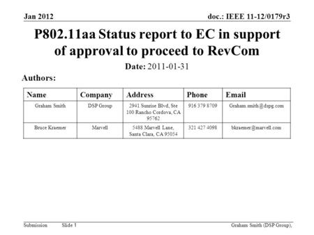 Doc.: IEEE 11-12/0179r3 SubmissionGraham Smith (DSP Group), Slide 1 P802.11aa Status report to EC in support of approval to proceed to RevCom Date: 2011-01-31.