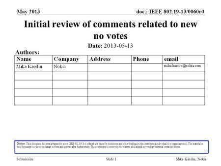 Doc.: IEEE 802.19-13/0060r0 Submission May 2013 Mika Kasslin, NokiaSlide 1 Initial review of comments related to new no votes Notice: This document has.