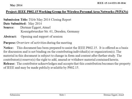 IEEE-15-14-0331-00-004r15- 13-0310-00-004q Submission May 2014 Dietmar Eggert, AtmelSlide 1 Project: IEEE P802.15 Working Group for Wireless Personal Area.
