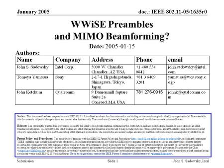 Doc.: IEEE 802.11-05/1635r0 Submission January 2005 John S. Sadowsky, IntelSlide 1 WWiSE Preambles and MIMO Beamforming? Notice: This document has been.