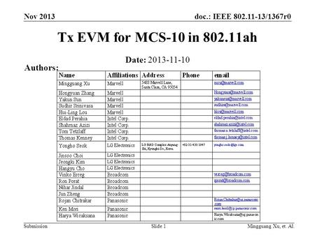Doc.: IEEE 802.11-13/1367r0 Submission Nov 2013 Mingguang Xu, et. Al.Slide 1 Tx EVM for MCS-10 in 802.11ah Date: 2013-11-10 Authors: