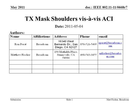 Doc.: IEEE 802.11-11/0668r7 SubmissionMatt Fischer, Broadcom TX Mask Shoulders vis-à-vis ACI Date: 2011-05-04 Authors: May 2011 Slide 1.