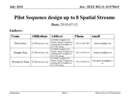 Doc.: IEEE 802.11-10/0786r0 Submission July 2010 Daewon Lee, LG ElectronicsSlide 1 Pilot Sequence design up to 8 Spatial Streams Date: 2010-07-13 Authors: