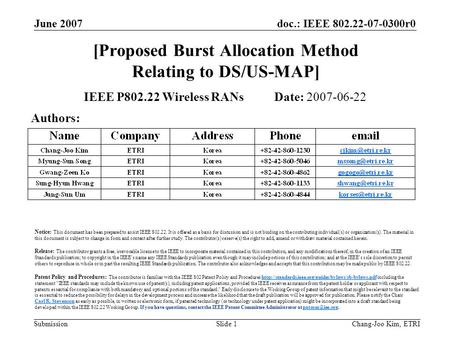 Doc.: IEEE 802.22-07-0300r0 Submission June 2007 Chang-Joo Kim, ETRISlide 1 [Proposed Burst Allocation Method Relating to DS/US-MAP] IEEE P802.22 Wireless.