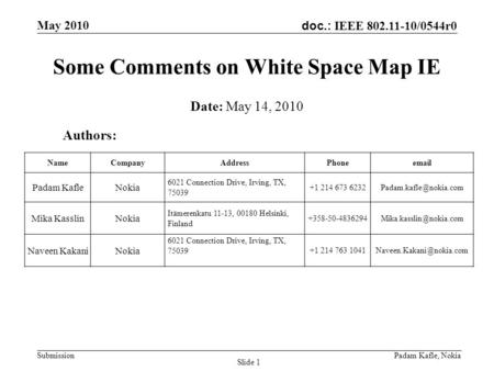Doc.: IEEE 802.11-10/0544r0 May 2010 Padam Kafle, Nokia Submission Slide 1 Some Comments on White Space Map IE Authors: Date: May 14, 2010 NameCompanyAddressPhoneemail.