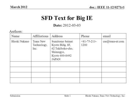 Submission doc.: IEEE 11-12/0271r1 March 2012 Hiroki Nakano, Trans New Technology, Inc.Slide 1 SFD Text for Big IE Date: 2012-03-03 Authors: NameAffiliationsAddressPhoneemail.