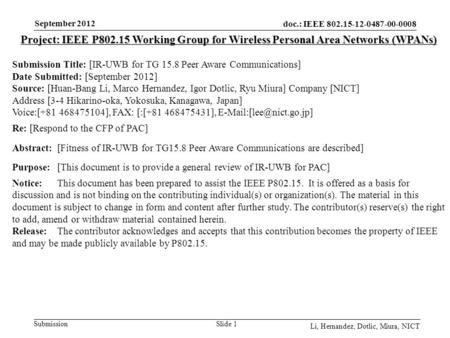 Doc.: IEEE 802.15-12-0487-00-0008 Submission September 2012 Li, Hernandez, Dotlic, Miura, NICT Slide 1 Project: IEEE P802.15 Working Group for Wireless.