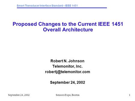 Smart Transducer Interface Standard - IEEE 1451 September 24, 2002Sensors Expo, Boston1 Proposed Changes to the Current IEEE 1451 Overall Architecture.