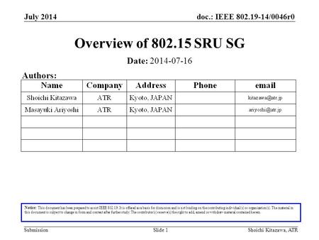 Doc.: IEEE 802.19-14/0046r0 Submission July 2014 Shoichi Kitazawa, ATRSlide 1 Overview of 802.15 SRU SG Notice: This document has been prepared to assist.