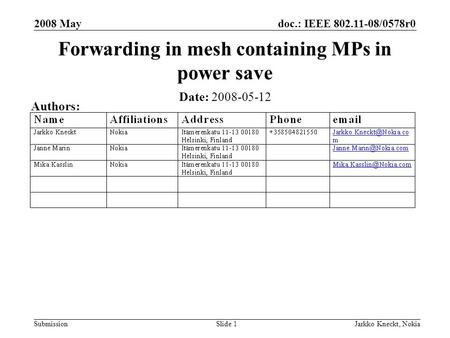 Doc.: IEEE 802.11-08/0578r0 Submission 2008 May Jarkko Kneckt, NokiaSlide 1 Forwarding in mesh containing MPs in power save Date: 2008-05-12 Authors: