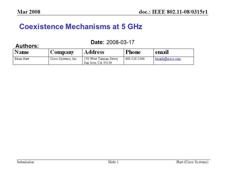 Doc.: IEEE 802.11-08/0315r1 Submission Mar 2008 Hart (Cisco Systems) Slide 1 Coexistence Mechanisms at 5 GHz Date: 2008-03-17 Authors: