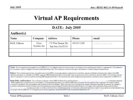 Doc.: IEEE 802.11-05/0xxxr0 Virtual AP Requirements July 2005 Pat R. Calhoun, CiscoSlide 1 Virtual AP Requirements DATE: July 2005 Author(s) NameCompanyAddressPhoneemail.
