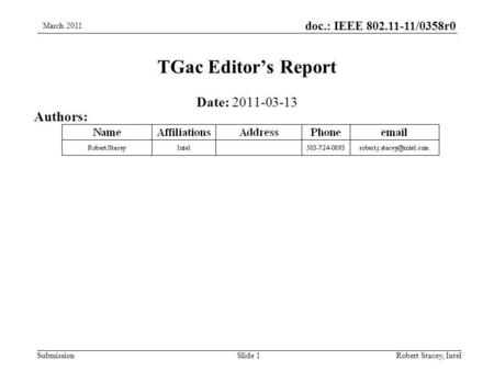 Doc.: IEEE 802.11-11/0358r0 SubmissionRobert Stacey, Intel TGac Editor’s Report Date: 2011-03-13 Authors: Slide 1 March 2011.