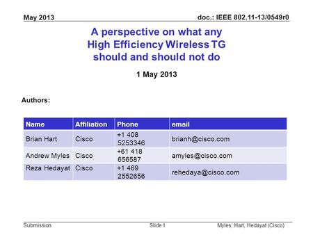 Doc.: IEEE 802.11-13/0549r0 Submission May 2013 A perspective on what any High Efficiency Wireless TG should and should not do 1 May 2013 Slide 1 Authors: