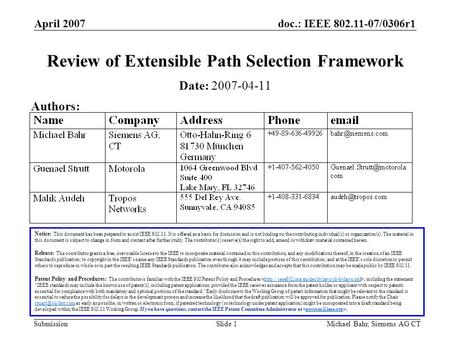 Doc.: IEEE 802.11-07/0306r1 Submission April 2007 Michael Bahr, Siemens AG CTSlide 1 Review of Extensible Path Selection Framework Notice: This document.