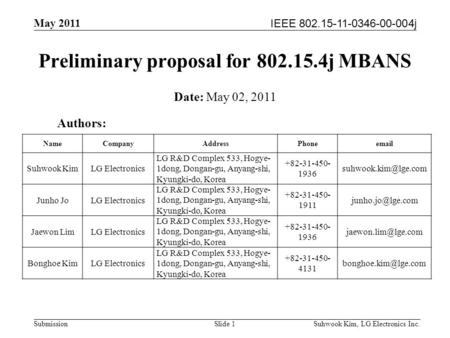 IEEE 802.15-11-0346-00-004j May 2011 Suhwook Kim, LG Electronics Inc. Submission Preliminary proposal for 802.15.4j MBANS Authors: Date: May 02, 2011 NameCompanyAddressPhoneemail.