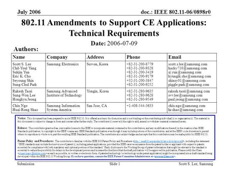 Doc.: IEEE 802.11-06/0898r0 Submission July 2006 Scott S. Lee, SamsungSlide 1 NameCompanyAddressPhoneEmail Scott S. Lee Chil-Youl Yang Sukjin Yun Eric.
