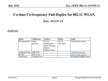 Doc.: IEEE 802.11-13/0765 r1 Submission Co-time Co-frequency Full Duplex for 802.11 WLAN July 2013 Hongliang Bian (China Telecom) Slide 1 Date: 2013-07-15.