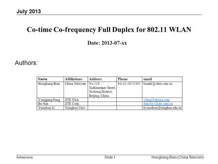 Co-time Co-frequency Full Duplex for WLAN
