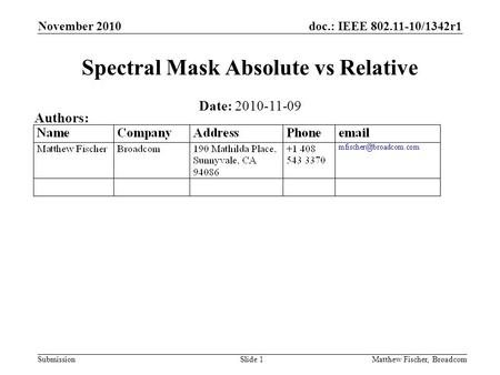 Doc.: IEEE 802.11-10/1342r1 Submission November 2010 Matthew Fischer, BroadcomSlide 1 Spectral Mask Absolute vs Relative Date: 2010-11-09 Authors: