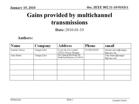 Doc.:IEEE 802.11-10/0103r1 Submission Laurent Cariou January 19, 2010 Slide 1 Gains provided by multichannel transmissions Authors: Date: 2010-01-19.