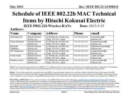 Doc.: IEEE 802.22-13/0083r0 Submission May 2013 Keat-Beng Toh, Hitachi Kokusai ElectricSlide 1 Schedule of IEEE 802.22b MAC Technical Items by Hitachi.
