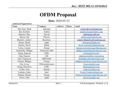 Doc.: IEEE 802.11-10/0440r2 SubmissionSlide 1 OFDM Proposal Date: 2010-05-15 Author(s)/Supporter(s): NameCompanyAddressPhone Abu-Surra,