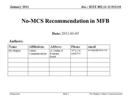 Doc.: IEEE 802.11-11/0111r0 Submission January 2011 Nir Shapira, Celeno Communications No-MCS Recommendation in MFB Date: 2011-01-05 Authors: Slide 1.