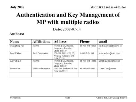 Doc.: IEEE 802.11-08-0317r6 Submission July 2008 Charles Fan,Amy Zhang, HuaweiSlide 1 Authentication and Key Management of MP with multiple radios Date: