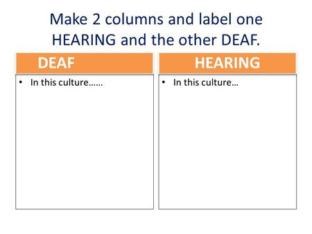 Make 2 columns and label one HEARING and the other DEAF. DEAF In this culture…… HEARING In this culture…