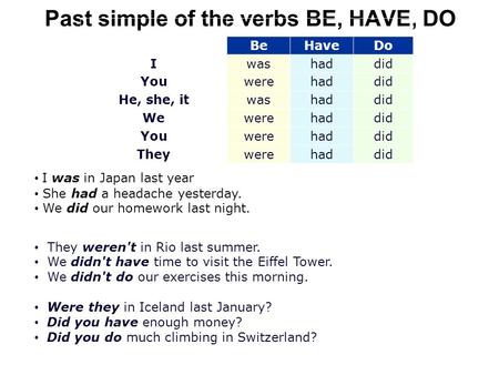 Past simple of the verbs BE, HAVE, DO - ppt video online download