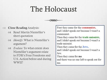 The Holocaust Close Reading Analysis: