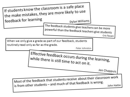 If students know the classroom is a safe place the make mistakes, they are more likely to use feedback for learning Dylan Williams The feedback students.