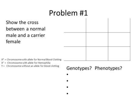 Problem #1 X H = Chromosome with allele for Normal Blood Clotting X h = Chromosome with allele for Hemophilia Y = Chromosome without an allele for blood.