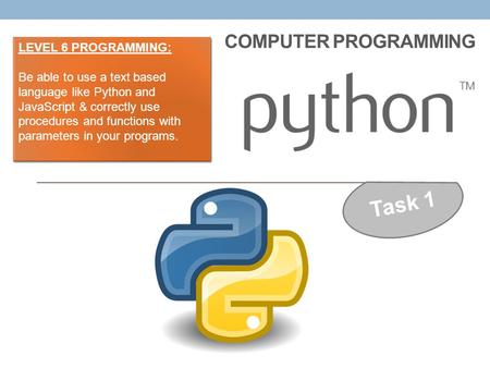COMPUTER PROGRAMMING Task 1 LEVEL 6 PROGRAMMING: Be able to use a text based language like Python and JavaScript & correctly use procedures and functions.