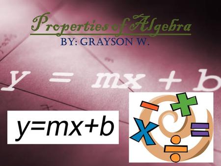 Properties of Algebra By: Grayson W.. Commutative Property When you add or multiply two numbers, it does not matter what order they are in. The sum and.